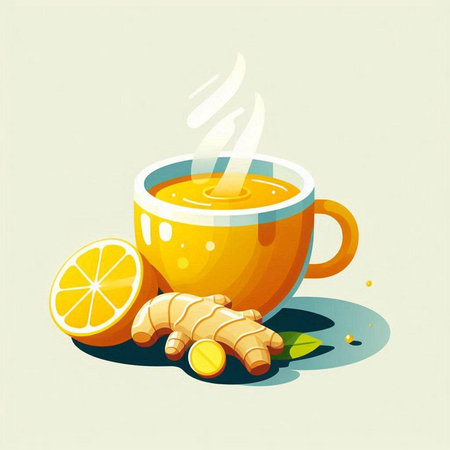 Cup of tea with ginger, lemon and mint. Vector illustration.のイラスト素材