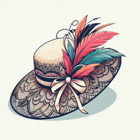 Hand drawn hat with feathers and bow. Vector illustration in retro style.のイラスト素材