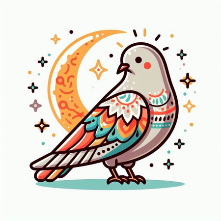 Pigeon with moon and stars. Cute cartoon illustration.のイラスト素材