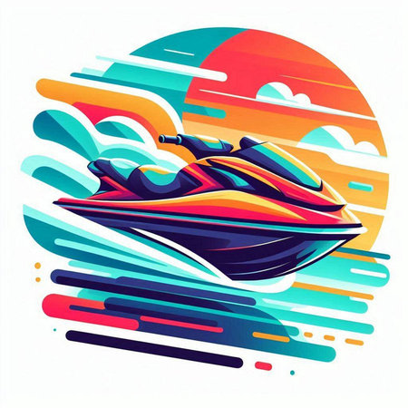 Colorful vector illustration of a jet ski on the background of the sunのイラスト素材