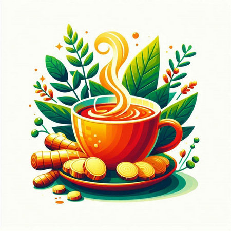 Cup of tea with turmeric and leaves. Vector illustration.のイラスト素材