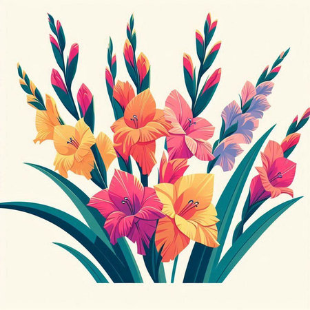 Beautiful gladiolus flowers in retro style. Vector illustration.のイラスト素材