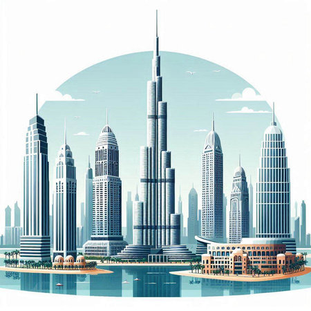 Dubai city skyline in a retro style. Vector illustration. Dubai, United Arab Emiratesのイラスト素材