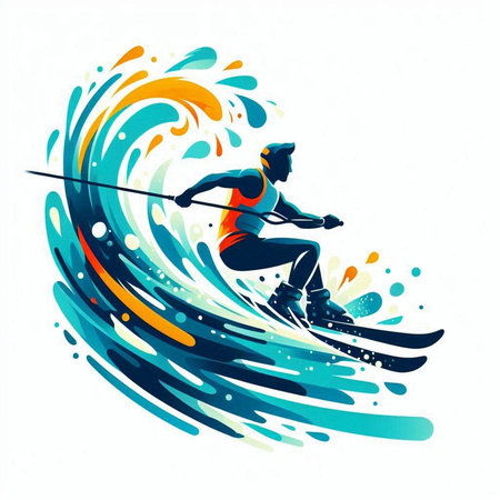 Skier in action on water splashes background. Vector illustration.のイラスト素材