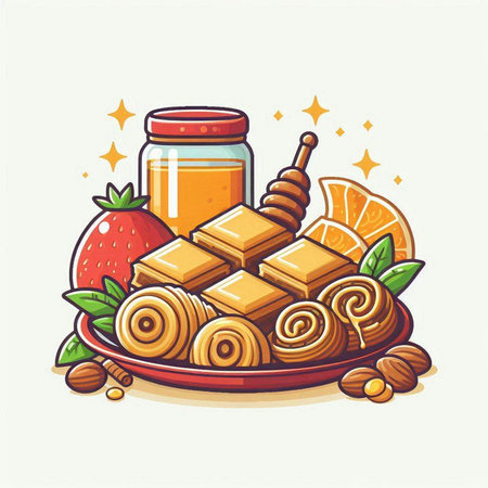 Honey in jar and honeycomb on plate, vector illustration.のイラスト素材