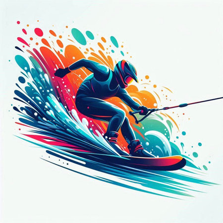 Vector illustration of a skier on the background of colorful splashesのイラスト素材