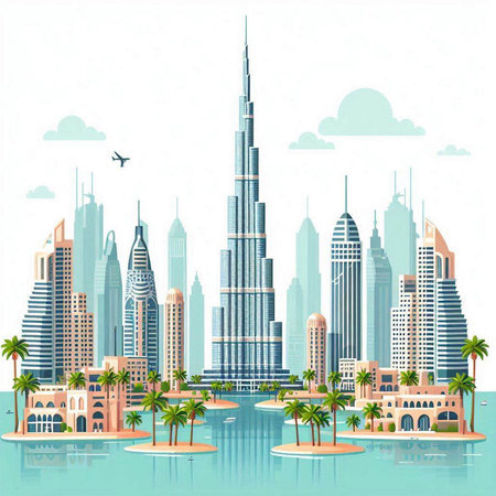 Dubai skyline with skyscrapers and palm trees, vector illustrationのイラスト素材
