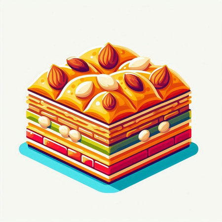Illustration of a piece of cake with almonds on a white backgroundのイラスト素材