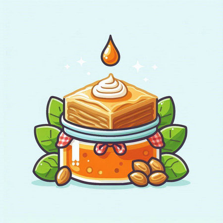 Illustration of a slice of honey cake with leaves and a drop of honeyのイラスト素材