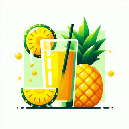 Pineapple juice in a glass with a straw. Vector illustration.のイラスト素材