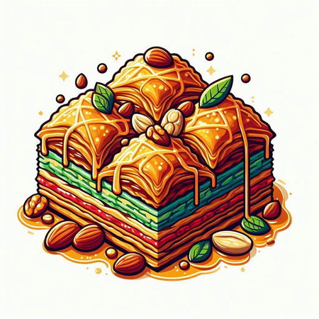 Traditional turkish dessert baklava with pistachio. Vector illustrationのイラスト素材