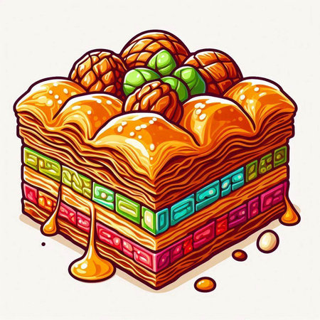 Baklava with nuts and honey. Hand drawn vector illustration.のイラスト素材