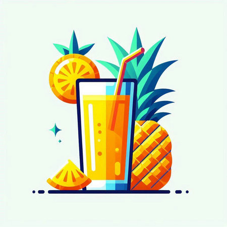 Pineapple juice in a glass with a straw. Vector illustration.のイラスト素材
