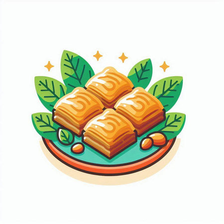 Baklava with nuts on a plate. Vector illustration.のイラスト素材