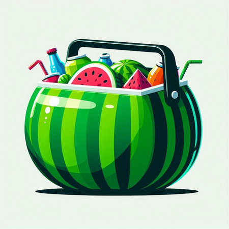 Vector illustration of a watermelon in a basket with fruit drink.のイラスト素材