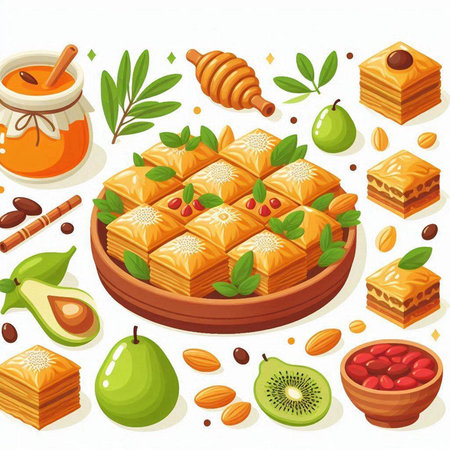 Baklava with honey, nuts and fruits. Vector illustrationのイラスト素材