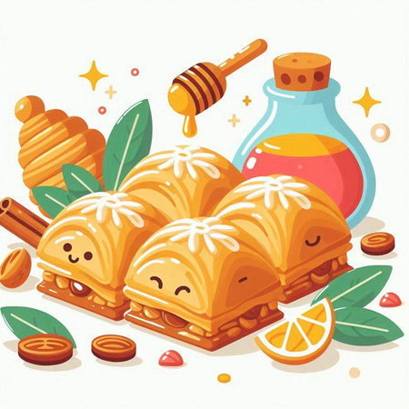 Baklava with honey. Vector illustration of baklava.のイラスト素材