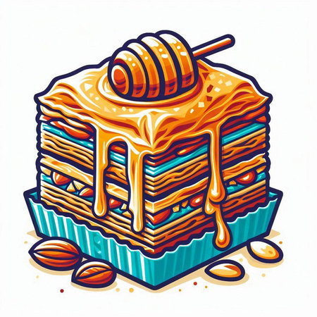 Cake with honey and nuts on a white background. Vector illustrationのイラスト素材