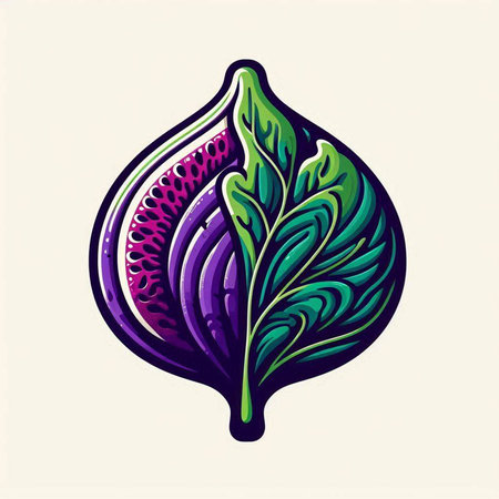 Illustration of a purple fig with green leaves. Vector illustration.のイラスト素材