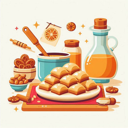 Baklava or baklava with honey and spices. Vector illustration.のイラスト素材