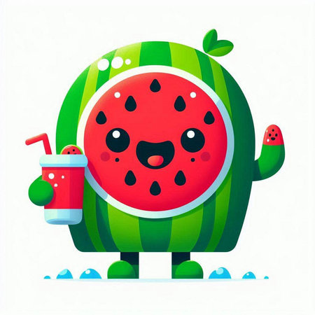 Funny watermelon character with smoothie. Vector cartoon illustration.のイラスト素材