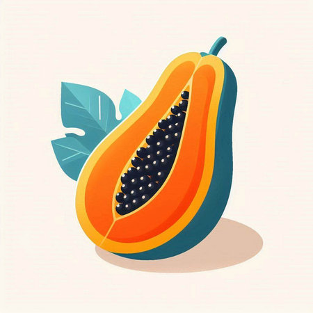 Papaya fruit with leaves. Vector illustration in flat style.のイラスト素材