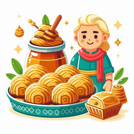 Cute little boy with honey and sweet cakes. Vector illustration.のイラスト素材