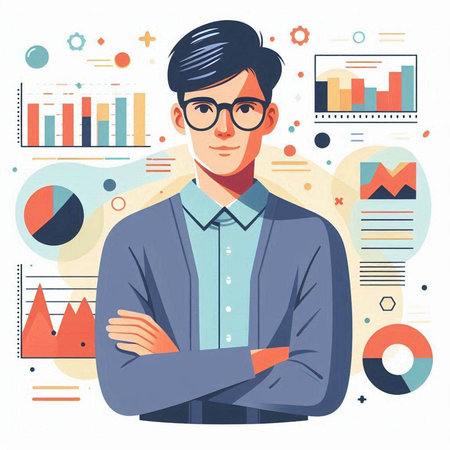 Young man in glasses and a business suit. Vector illustration in a flat style.のイラスト素材