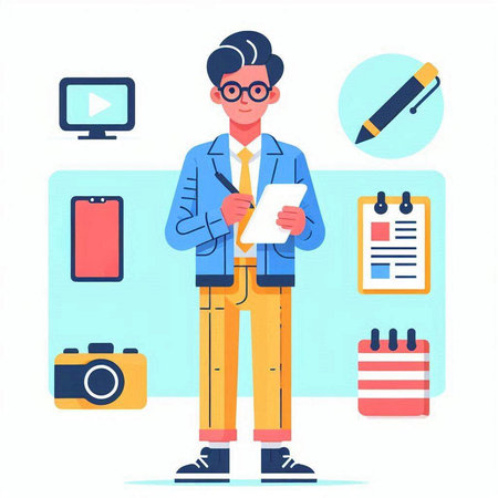 Hipster man with mobile phone and tablet. Male character in casual style. Vector illustrationのイラスト素材