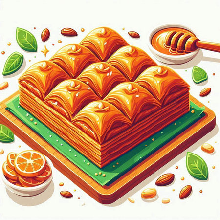 Baklava with honey on a white background. Vector illustration.のイラスト素材