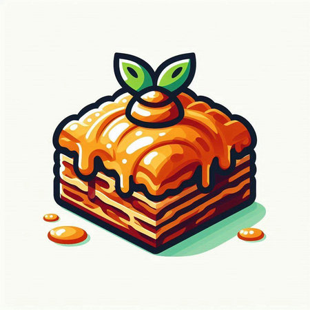 Illustration of a piece of cake with caramel and apples on a white backgroundのイラスト素材