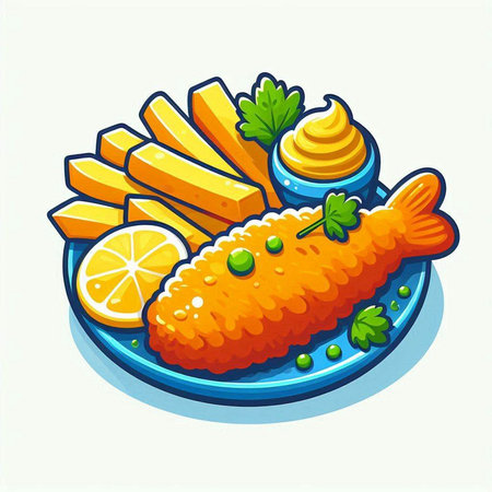 Fish and chips on a plate. Vector illustration in cartoon style.のイラスト素材