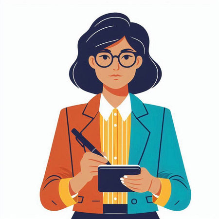Vector illustration of a young woman in glasses and a jacket holding a tablet computer.のイラスト素材