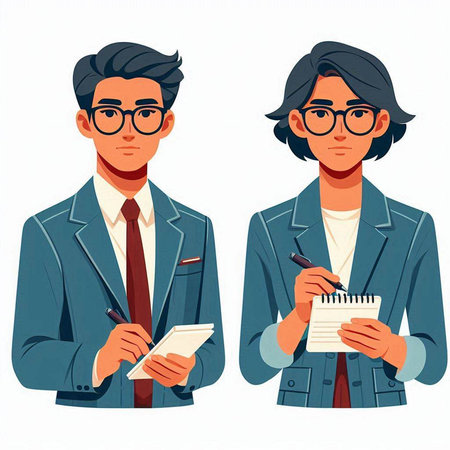 Businessman and businesswoman with notebook and pen. Vector illustration.のイラスト素材