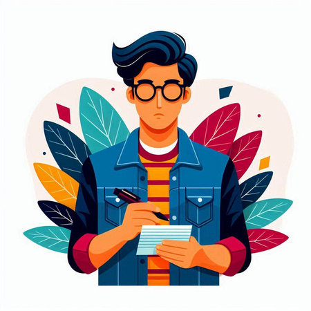 Hipster man in glasses writing in notebook. Vector flat illustrationのイラスト素材