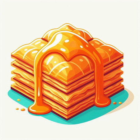 Illustration of a stack of delicious pancakes with maple syrup on a white backgroundのイラスト素材