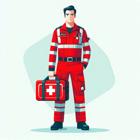 Fireman in red uniform with first aid kit. Vector illustration.のイラスト素材