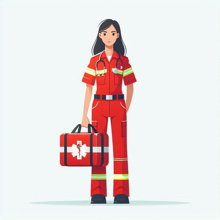 Firefighter woman in uniform with first aid kit. Vector illustration.のイラスト素材