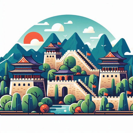The ancient Chinese fortress in the forest. Vector illustration in a flat styleのイラスト素材