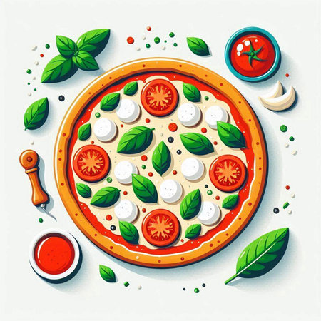 Pizza with mozzarella, tomatoes and basil. Vector illustrationのイラスト素材