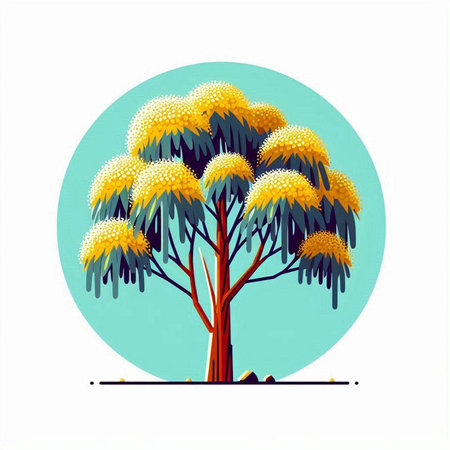 Illustration of a tree with yellow flowers on a white background.のイラスト素材