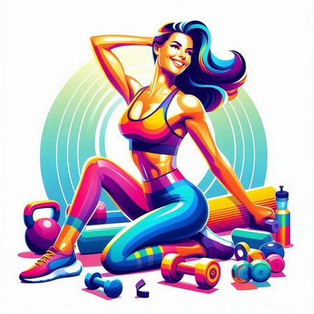 Fitness girl with dumbbells and sport equipment. Vector illustration.のイラスト素材