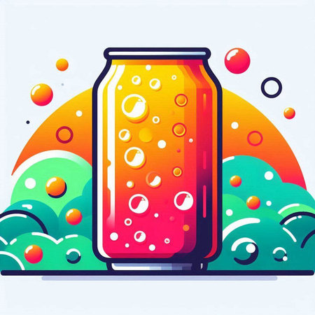 Vector illustration of a can of soda with bubbles on a colorful backgroundのイラスト素材