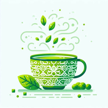Green tea cup with leafs. Vector illustration for your design.のイラスト素材