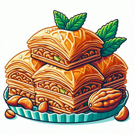 Baklava with nuts and mint leaves. Vector illustration.のイラスト素材
