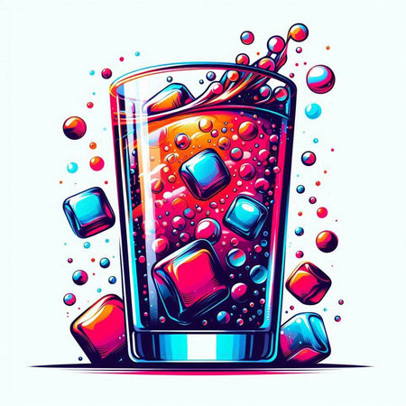 Colorful illustration of a glass of cola with ice cubes.のイラスト素材