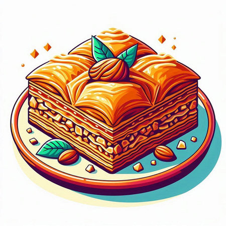 Traditional turkish dessert baklava with cashew, walnuts. Vector illustration.のイラスト素材