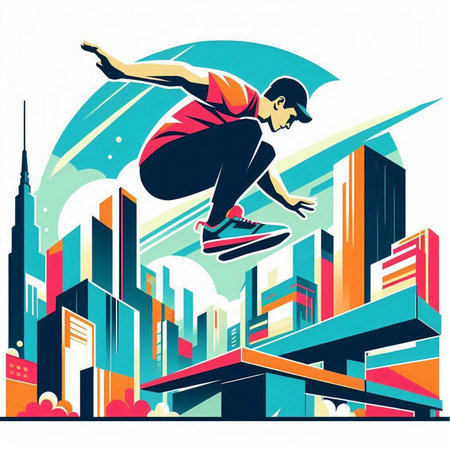 Skateboarder jumping over the city. Vector illustration in retro style.のイラスト素材
