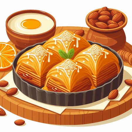 Baklava with honey and nuts on a white background.のイラスト素材