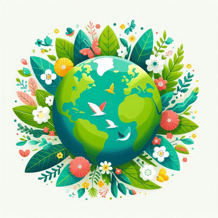 Green planet with flowers and butterflies on a white background. Vector illustration.のイラスト素材